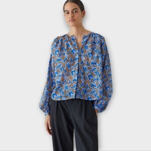 CLOSED Germany Gathered Blouse In Nutmeg & Multi Blue Balloon Sleeve Large